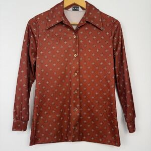 Vintage 70s Devon Button Up Shirt Womens Small Rust Orange-Brown Geometric Retro